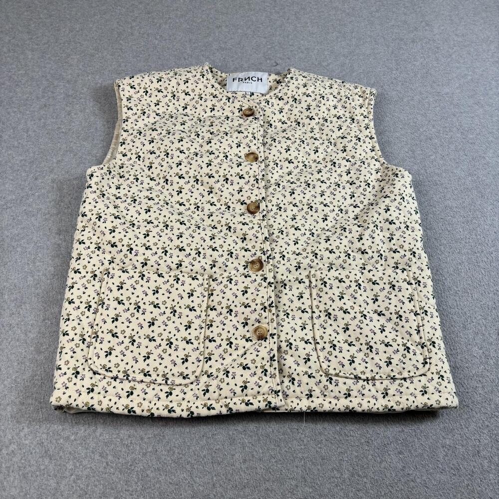 FRNCH Anthro Quilted Vest Womens Medium White Floral Button Front Cottagecore
